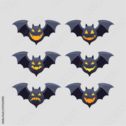 Halloween Bats Set with Jack-o'-Lantern Faces Spooky Vector Icons
