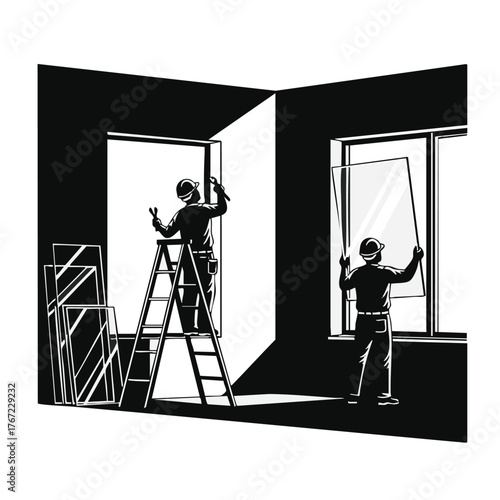 Two construction workers installing a window, one on a ladder, the other holding glass, working on a building's interior space.
