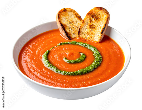 Fresh Tomato Soup with Basil Pesto and Toasted Bread Slices