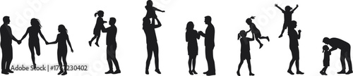 Family silhouettes, parents with children, holding hands, hugging, lifting kids, playing together, happy bonding moments, love, care, support, parenting, childhood joy, family relationships, affection