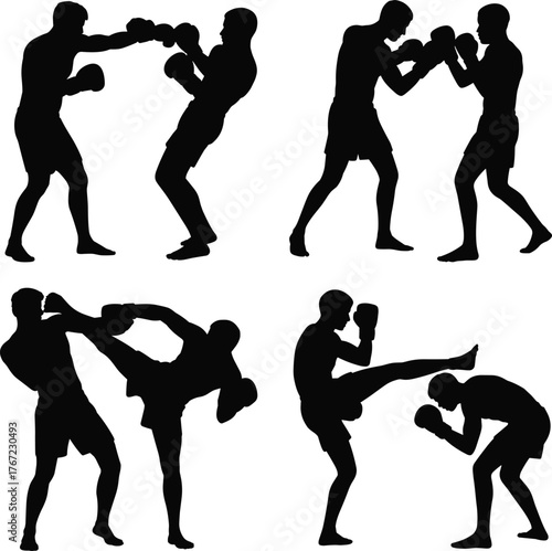 Silhouette martial arts fighters, kickboxing training poses, combat sports sparring action, self defense techniques, fitness workout, boxing stance, karate kick