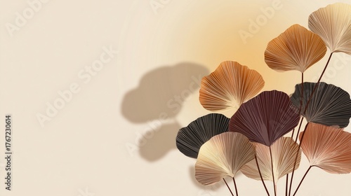 Artistic Ginkgo Leaves Illustration with Neutral Tones and Shadows, Elegant Botanical Design Ideal as Wallpaper, Poster for Home Decor, Nature and Art Themes