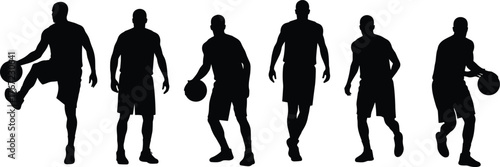 Basketball player silhouette, sports athlete dribbling ball, dynamic action poses, fitness training, competitive game movement, black vector illustration, isolated design,