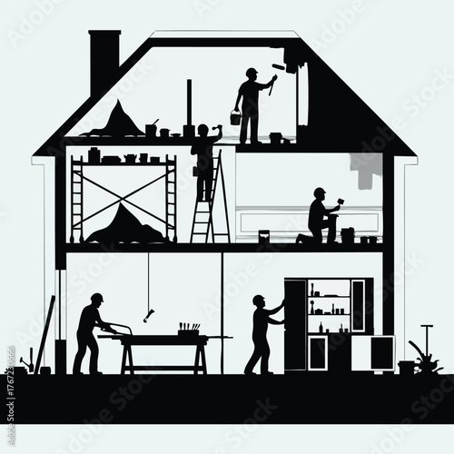 Silhouette illustration shows various stages of home renovation, including painting, carpentry, and interior design with workers.