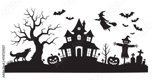 Halloween silhouette scene with haunted house witch and scarecrow spooky vector illustration for holiday de