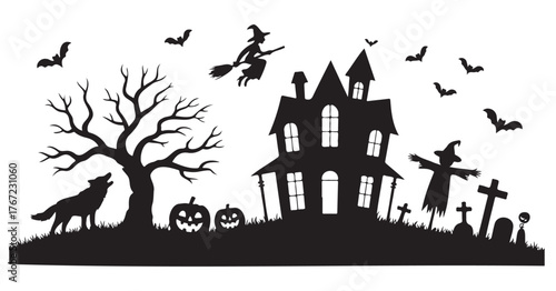 Halloween silhouette scene with haunted house witch and wolf spooky vector illustration for holiday designs