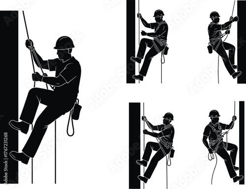 Construction worker climbing rope on building, industrial safety, harnessed worker illustration, black and white silhouette of rope access