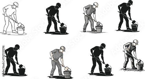 Construction worker mixing cement in bucket, industrial labor, building site activities, manual work concept, black and white vector illustration
