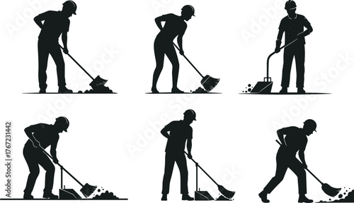 Construction workers cleaning site with brooms and dustpans, labor silhouettes sweeping debris, maintenance and hard work concept for industrial cleaning illustration