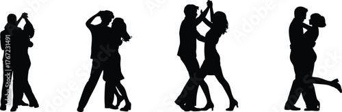 Silhouette couples dancing, ballroom tango waltz salsa swing, romantic dance poses, black figures white background, elegant movement, performance art, partner choreography