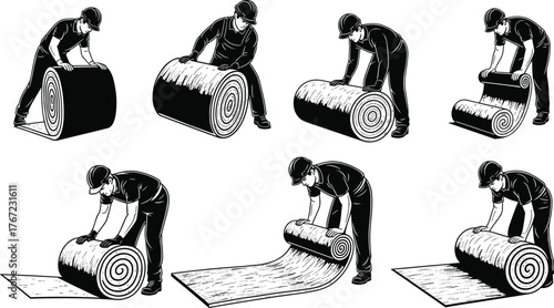 Construction workers rolling insulation material, installation process illustration, home renovation, building maintenance, professional teamwork, safety, industrial labor,