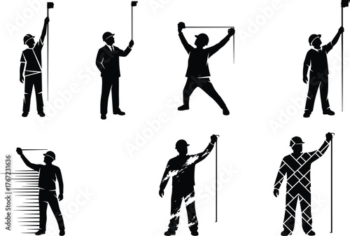 Construction workers using measuring tools, accuracy and precision concept, engineering silhouettes, building inspection, industrial teamwork, architecture design vector illustration