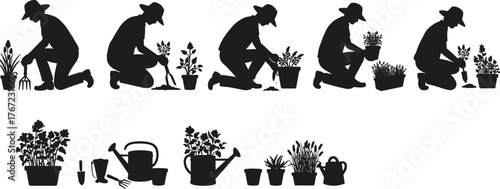 Gardening silhouette illustration, man planting flowers, watering plants, garden tools, horticulture activity, outdoor work, potted plants, agriculture, landscaping, eco lifestyle