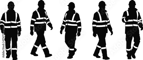 Construction workers wearing safety reflective clothing, silhouettes of industrial workers walking, high visibility jacket, workplace safety and construction industry illustration