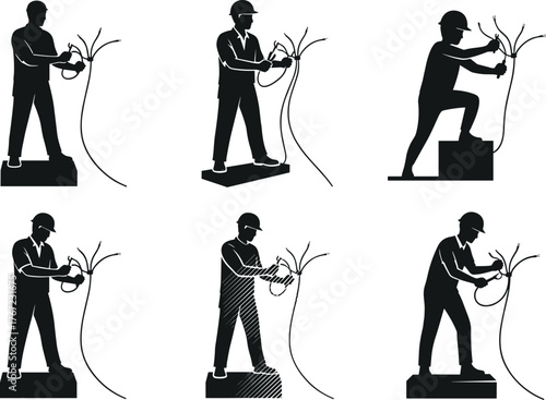 Electricians connecting power cables, worker silhouettes handling electrical wires, safety gear, construction industry concept, industrial energy connection illustration