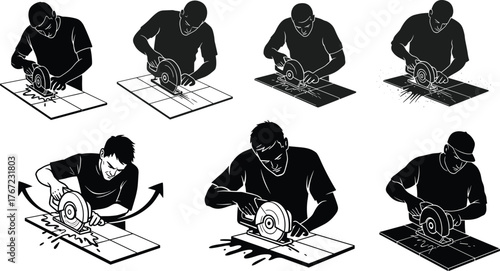 Man using circular saw cutting tile, construction work, industrial tools, home improvement process, black and white vector illustration