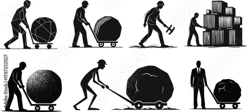 Workers pushing heavy rocks and boxes with hand carts, teamwork and hard labor concept, industrial illustration, business effort metaphor design