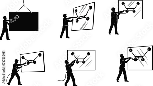 Worker installing glass panel with suction lifter, glazier handling large window safely, silhouette illustration of glass installation and construction work