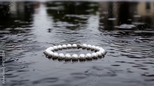 Elegant Pearl Bracelet Floating in Rain, Reflecting Beauty and Serenity.