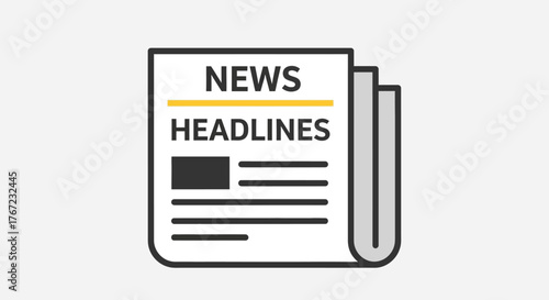 Stacked Newspaper Icon with News Headlines Text and Yellow Accent Line.