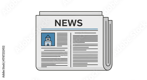 Vector Illustration of a Newspaper with NEWS Headline and Building Icon.