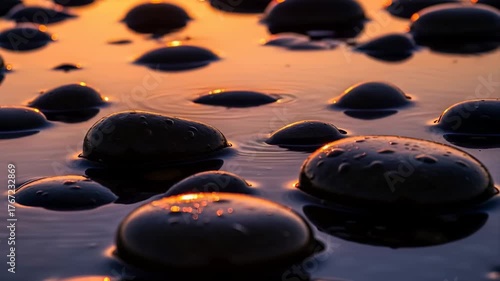 Smooth Stones at Sunset: Ripples and Reflections on the Water's Surface