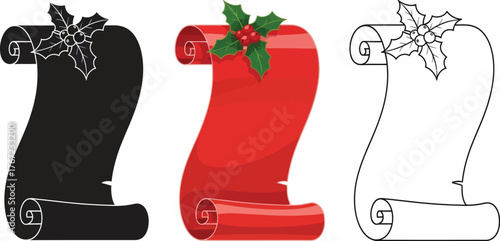 Illustration of a scroll with holly in different styles silhouette, color, and outline