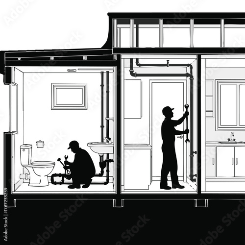 A detailed illustration showcases plumbers working on water pipes within a building's cross-section, highlighting plumbing and maintenance tasks.
