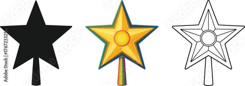 Illustration of a christmas tree topper in different styles silhouette, color, and outline