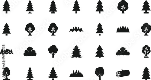 Collection of various black silhouette trees and forest elements isolated on transparent background