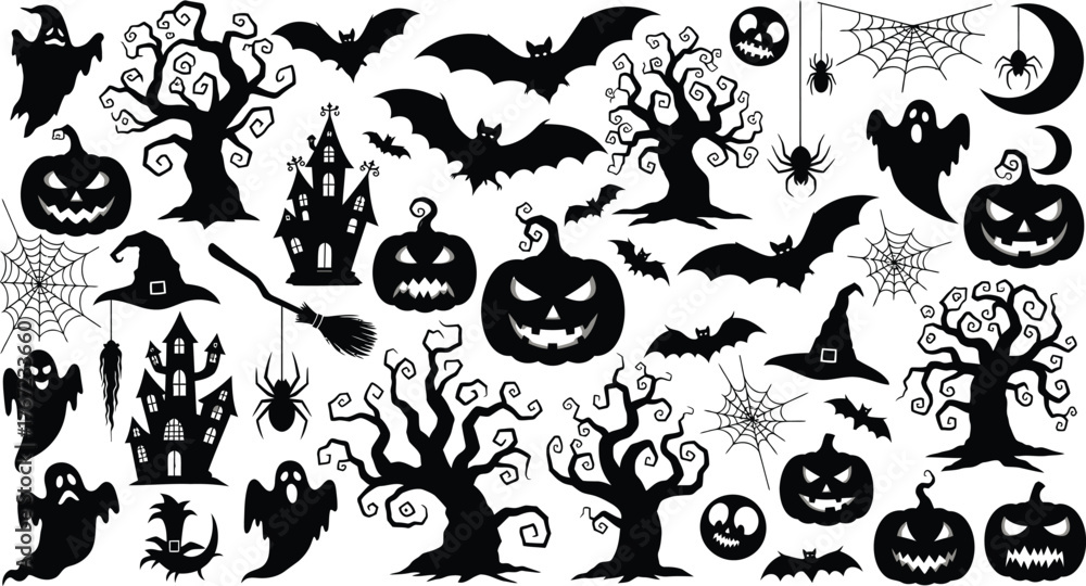 Naklejka premium Big set of halloween silhouettes black icon and character. Design of witch, creepy and spooky elements for halloween decorations, sketch, icon, sticker.