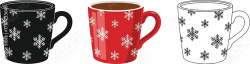 Three mugs with snowflake patterns in silhouette, color, and outline illustration