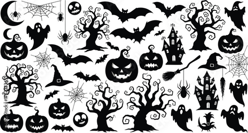 Big set of halloween silhouettes black icon and character. Design of witch, creepy and spooky elements for halloween decorations, sketch, icon, sticker.