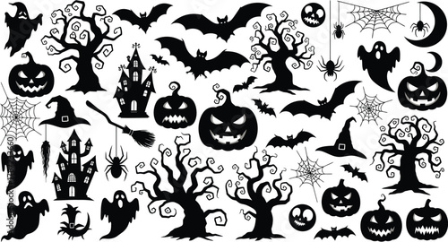 Big set of halloween silhouettes black icon and character. Design of witch, creepy and spooky elements for halloween decorations, sketch, icon, sticker.