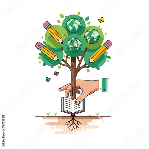 Hand Planting Education Tree with Globes and Pencils from Book
