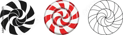 Three lollipop candies in different styles silhouette, color, and outline illustration