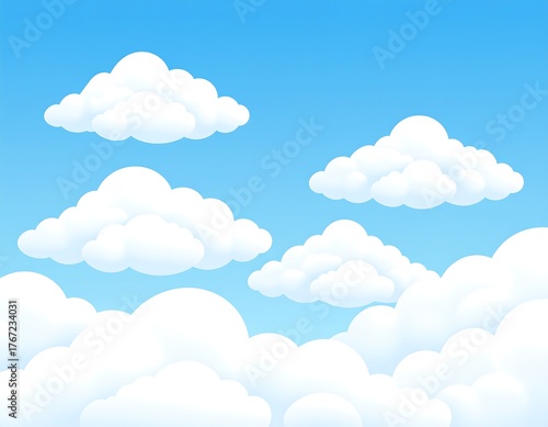 Cartoon-style illustration of puffy white clouds floating against a vibrant blue sky