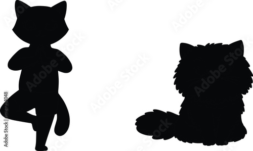 Cat silhouettes illustration, yoga cat in tree pose and fluffy sitting cat, black animal shadow art for design projects