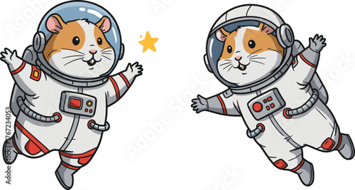 Cute astronaut hamsters floating in outer space with a shining star, adorable cartoon animals in spacesuits, space exploration illustration