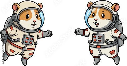Cute astronaut hamsters floating in space, adorable cartoon animals in spacesuits, cosmic adventure illustration, space exploration concept for kids