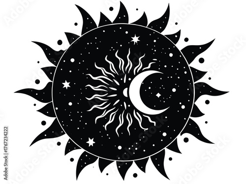 Vector art of silhouette of sun and moon with stars