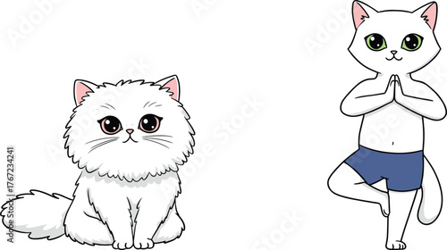 Cute white cats illustration, fluffy kitten and yoga cat doing tree pose, adorable cartoon animals for pet lovers and design