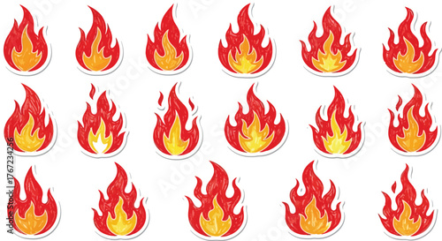 Set of fire icons. Flame design of different shapes. Bonfire images