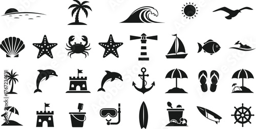 Collection of summer beach and ocean icons and symbols isolated on transparent background
