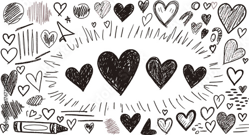 Doodle hearts drawn by hand. Grunge scrawls, chalk scribbles, rough brush strokes, underlines and circles