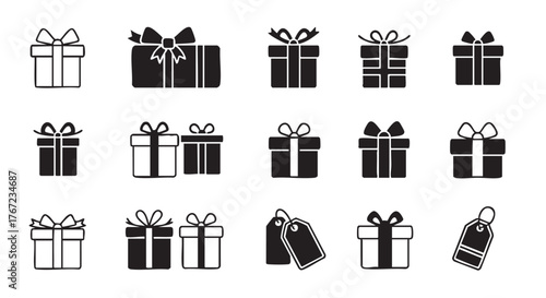 Collection of gift box icons black and white celebration concept