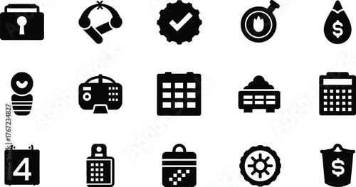 Collection of black finance and business icons representing security and money isolated on transparent background