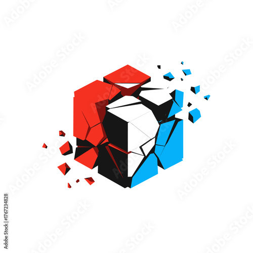 A striking red, white, and blue cube graphically explodes into many fragmented pieces, representing concepts of disruption, transformation, and complex problem-solving.