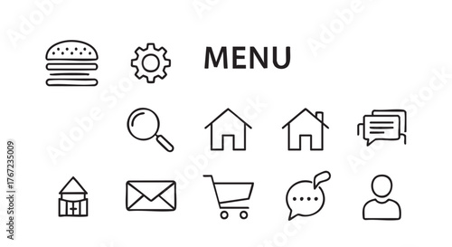 Collection of simple minimalistic line art icons on a white background