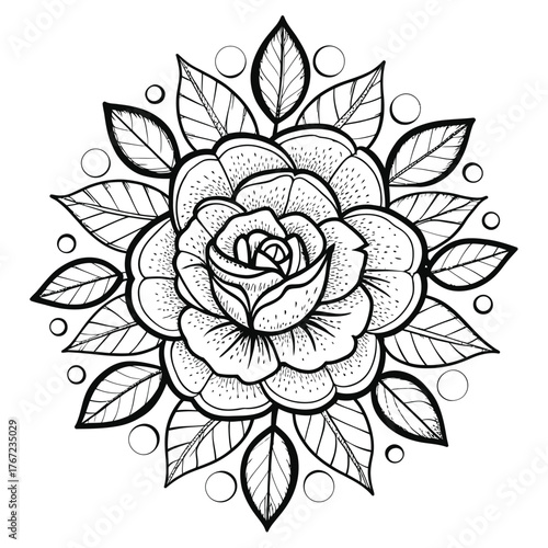 Detailed rose mandala outline coloring page for adults and children creative relaxation activity